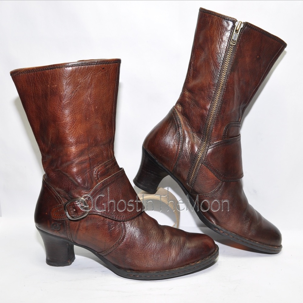 BORN Mid Calf Boots All Genuine Leather Womens sz 8.5 M EU 40 Cognac